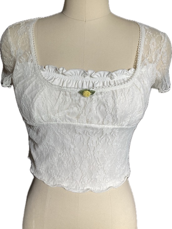 SHEIN Tops - SHEIN White Lace Square-Neck Cropped Top with Yellow Rosette
